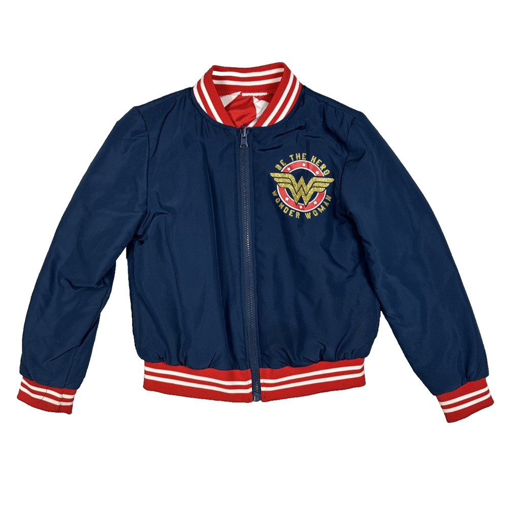 DC Comics Wonder Woman Reversible Girls Bomber Jacket Blue Red and White 7-8 EUC